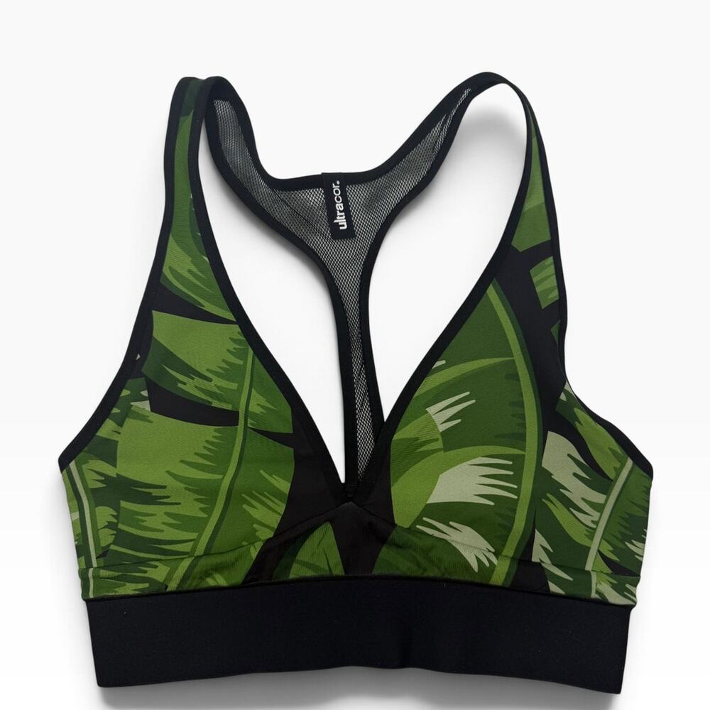 Ultracor Green Tropical Leaf Print Plunge Mesh Racerback Sports Bra Size M NWOT